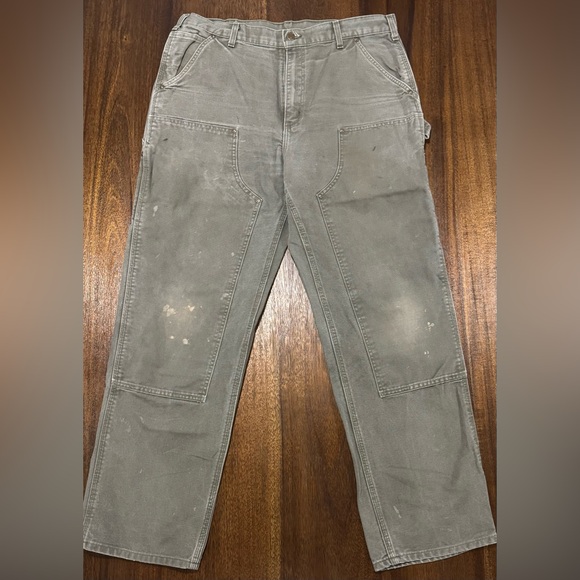 Carhartt Men’s 36X32 Loose Fit Gray Double Knee Canvas Work Pants Distressed